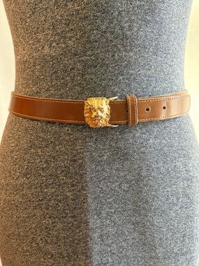 VTG Anne Klein for Calderon lion head gold-tone buckle tan leather belt